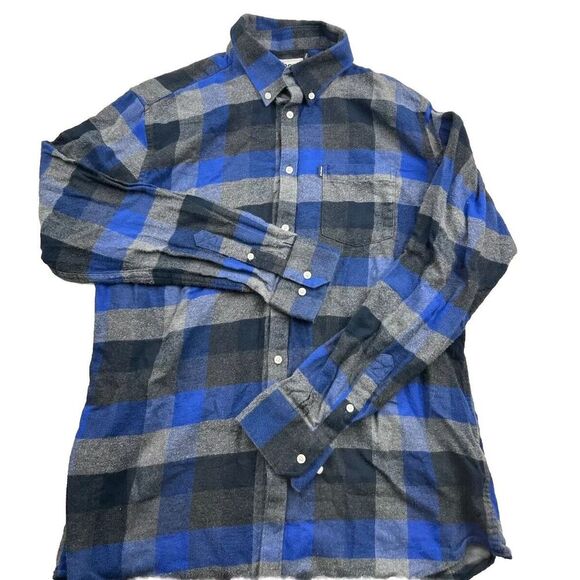 Barbour Flannel Shirt Men's Large Blue Plaid Button Up Tailored‎ Fit Long Sleeve - Picture 1 of 14
